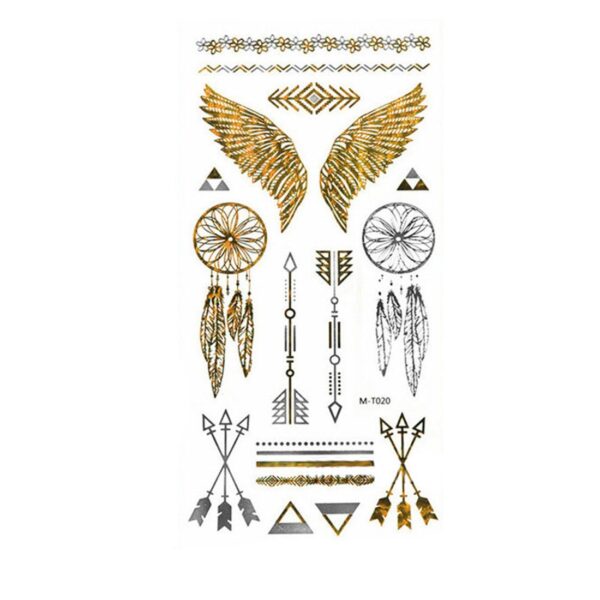 S.A.V.I 3D Temporary Tattoo Golden And Silver Metallic Sticker Wings Arrows Dream Catcher Design Size 21x10CM - 1PC.