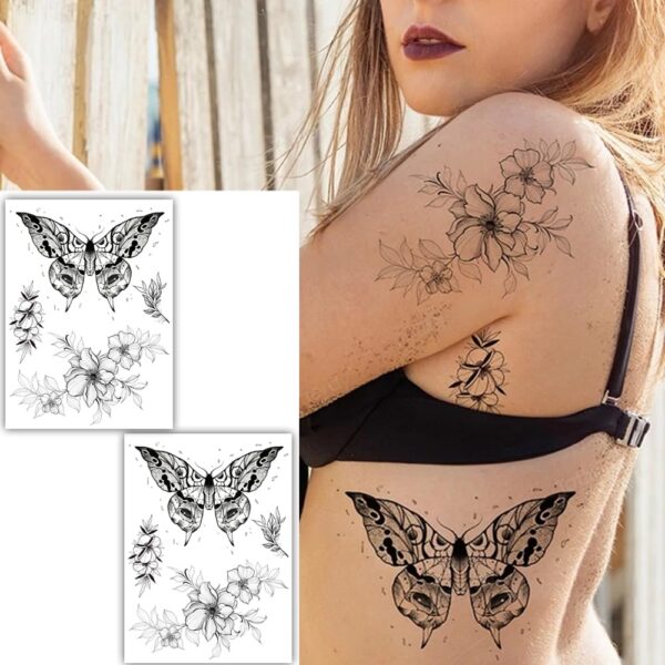 S.A.V.I 2PCS - Butterfly Tattoo Stickers Black Floral Temporary Tattoos, Elegant 22x15 cm Design for Men & Women