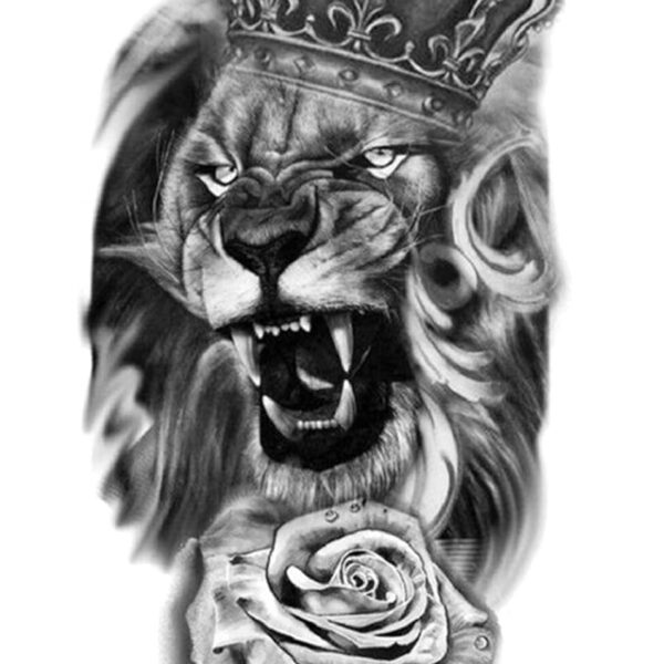 S.A.V.I Temporary Tattoo Stickers, King Lion Crown Rose Flower Tattoo Pattern For Men, Women, Tattoo For Hand Arm, Size 21x11cm - 1Pc.