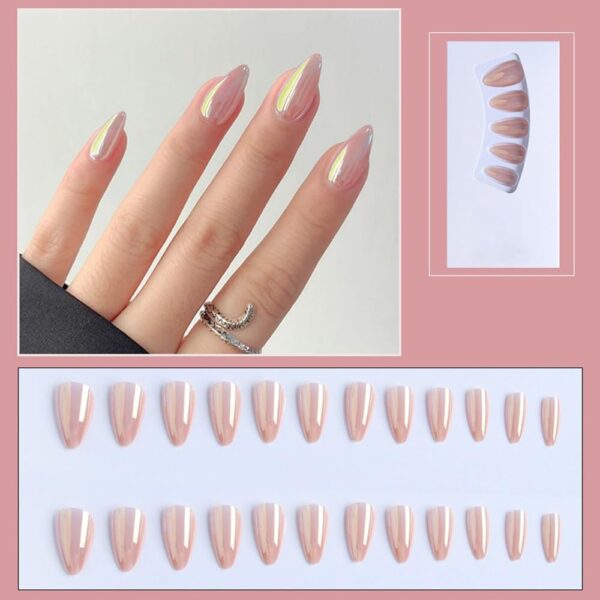 S.A.V.I 24 pcs - Nude Almond False Nails, Chrome Effect, Medium Length, Easy-to-Apply Press on Nail Art