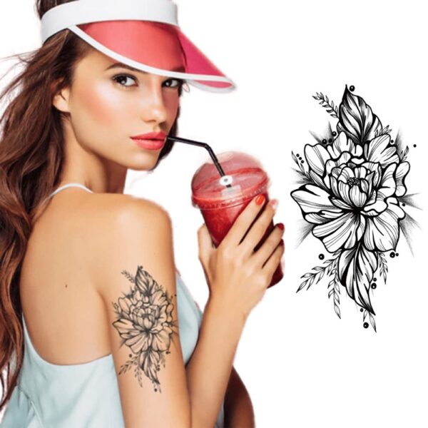 S.A.V.I Temporary Tattoo Stickers for Women, 1 Big Flower with Leaves, Black Color Fake Tattoos For Girls, Size -21x10CM