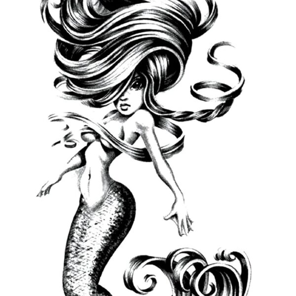 S.A.V.I Temporary Tattoo Stickers, Sea Mermaid Long Hair Design For Men, Women Size 21x11cm - 1Pc.