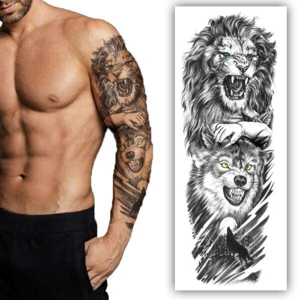 S.A.V.I Full Arm Tattoo Sleeve - Ferocious Lion & Wolf, Strength Symbol, Temporary Sticker, Black/Gray, 48x17cm