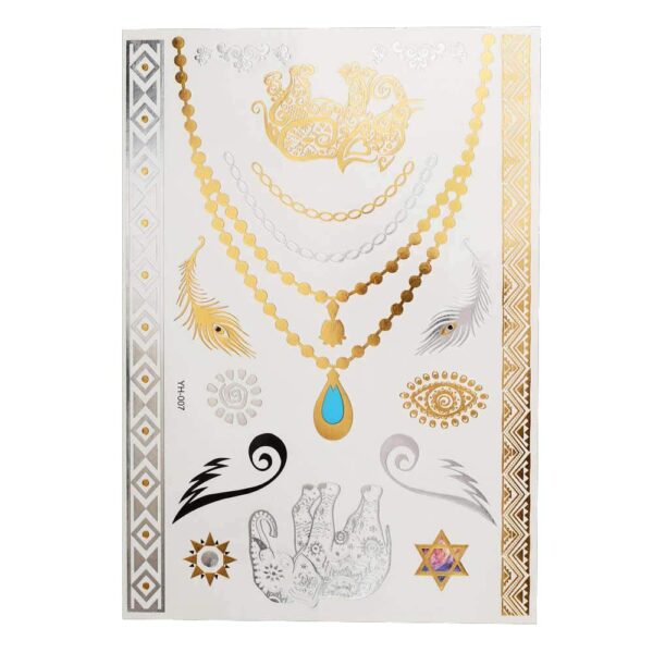 S.A.V.I 3D Temporary Tattoo Golden and Silver Metallic Sticker Virtual Beach Necklace With Leaves Design Size 21x15cm - 1pc. (7), Gold, 2 g