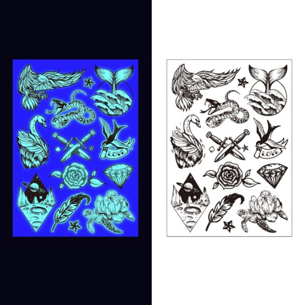 S.A.V.I Neon Temporary Tattoos, UV Tattoos For Men Women, Body Face Art, Feather, Eagal, Animal, Snake, Whale Tattoos Flash Fake Waterproof Tattoo Stickers, Size- 21x15CM