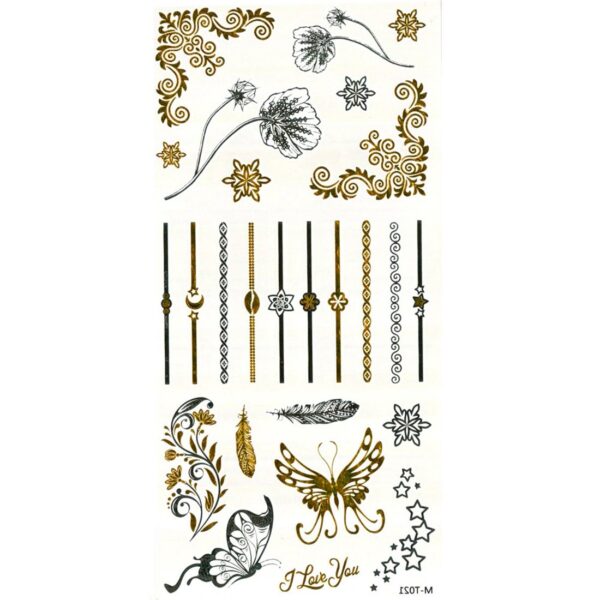 S.A.V.I 3D Temporary Tattoo Golden And Silver Metallic Sticker Butterfly Flower Design Size 21x10CM - 1PC.