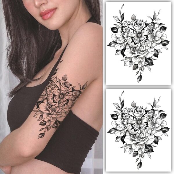 S.A.V.I 2PCS Butterfly Floral Tattoo Stickers - 22x15 cm, Waterproof Temporary Tattoos for Men & Women