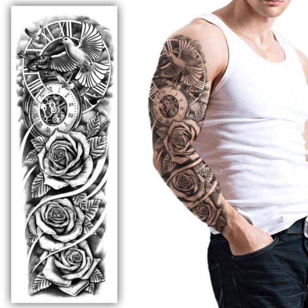 S.A.V.I Full Arm Sleeve Temporary Tattoo - Dove Fyling Bird & Roses, Peace Symbol, 48x17cm, Unisex