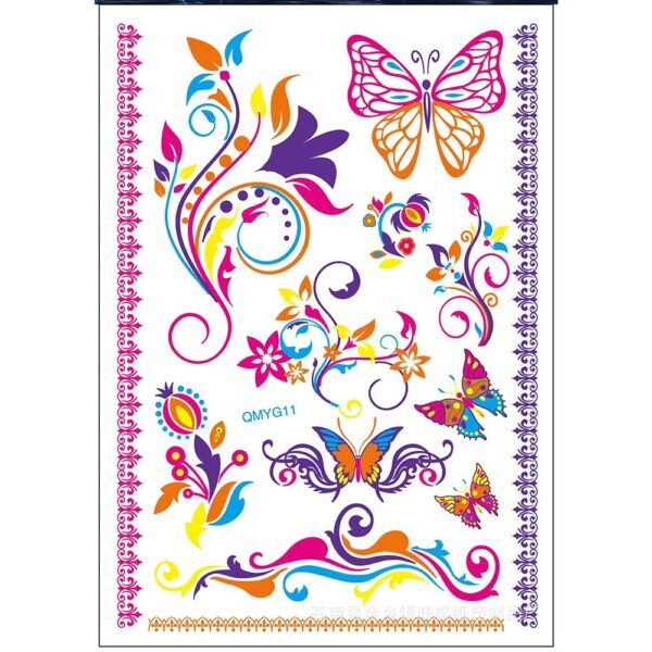 S.A.V.I Neon Temporary Tattoos, UV Color Tattoos For Men Women, Body Face Art, Big Flowers, Butterflies Tattoo Flash Fake Waterproof Tattoo Stickers, Size- 21x15CM