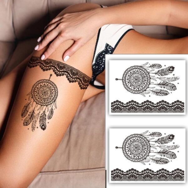 S.A.V.I 2 Sheets - Black Henna Mehndi Dreamcatcher Temporary Tattoo Stickers, Feather & Lace, 21x15 cm, for Women & Girls