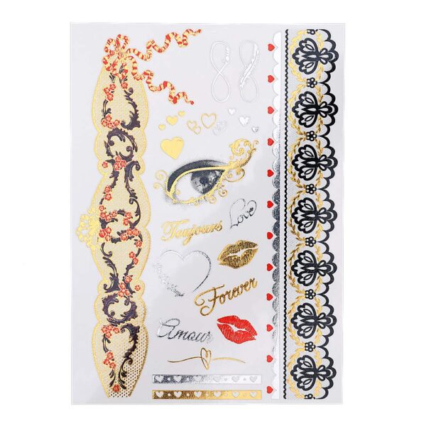 S.A.V.I 3D Temporary Tattoo Golden and Silver Metallic Sticker Love Text Heena Design Size 21x15cm - 1pc. (101), Gold, 22 g