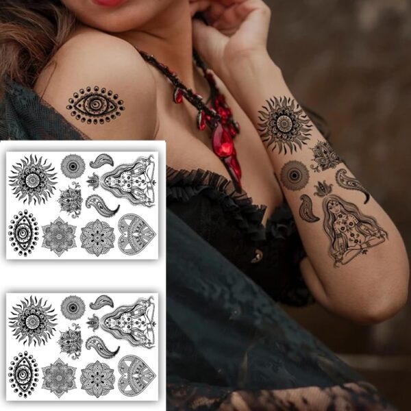 S.A.V.I 2 Sheets, Temporary Tattoo Stickers for Women - Black, Mandala & Geometric Designs, 21x15 cm, Ideal for Arms & Body