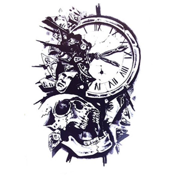 S.A.V.I Temporary Tattoo For Girls Men Women 3D Skull & Clock Sticker Size 21x15CM - 1PC.
