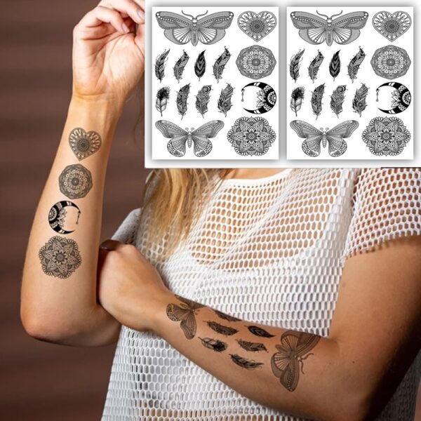 S.A.V.I 2 Sheets - Butterfly & Mandala Temporary Tattoo Stickers, Black, Heart & Moon Designs, 21x15 cm, for Women & Girls