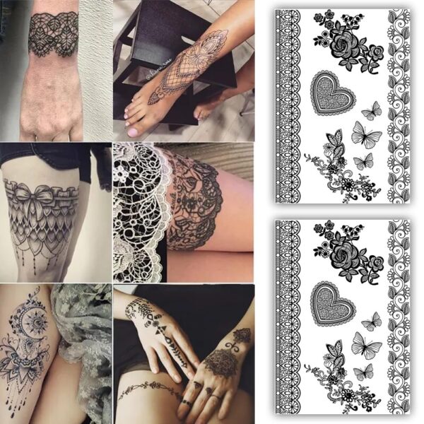 S.A.V.I 2 Sheets - Black Henna Temporary Tattoo Stickers, Floral & Butterfly Designs, 21x15 cm for Women & Girls
