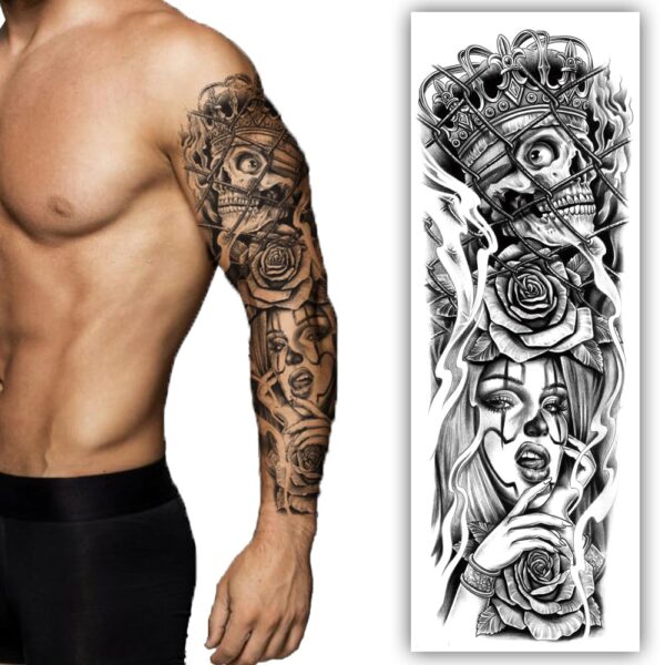 S.A.V.I Full Arm Temporary Tattoo Sleeve - Crowned Skull, Roses & Woman Portrait, 48x17 cm