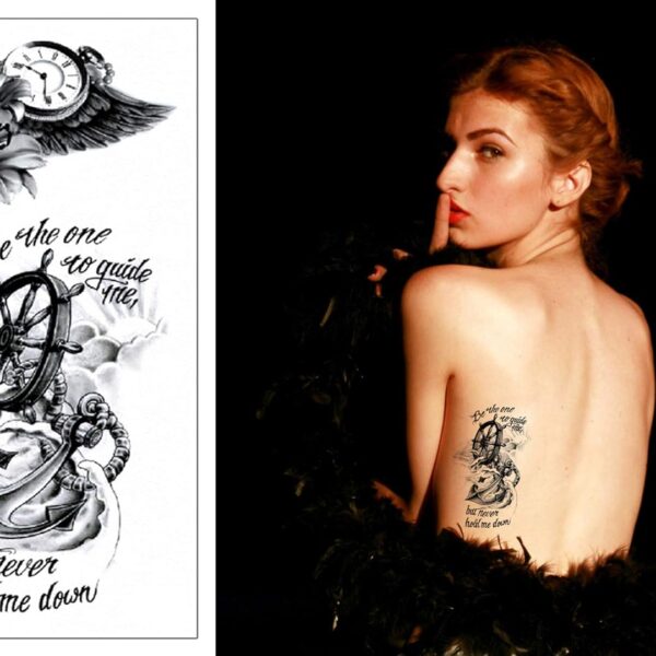 S.A.V.I 3D Temporary Tattoo Sticker Beautiful Clock Anchor Wheel Text Popular Design Size 19x9 Cm - 1pc. (48-1)