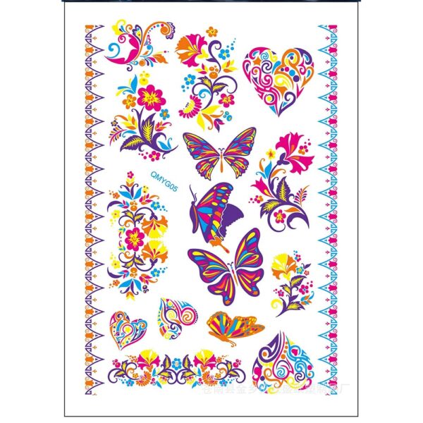 S.A.V.I Neon Temporary Tattoos, UV Color Tattoos For Men Women, Body Face Art, Heart, Flower, Butterfly Tattoo Flash Fake Waterproof Tattoo Stickers, Size- 21x15CM