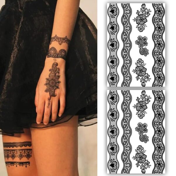 S.A.V.I 2 Sheets - Black Henna Mehndi Tattoo Stickers, Lace Floral Design, 21x15cm, Temporary Body Art for Women & Girls