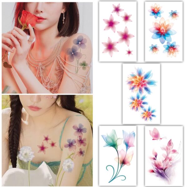 S.A.V.I 5PCS - Watercolor Flower Temporary Tattoos Vibrant, Skin-Safe Decals for Women & Girls, 12x7.6 cm Combo Pack