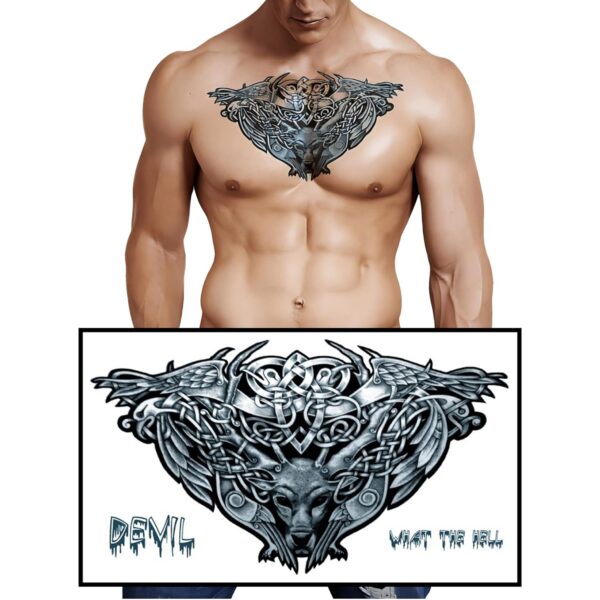 S.A.V.I Waterproof Temporary Tattoos for Men and Women - Devil What the Hell Text with Totem Design - Chest, Waist, Back - 24x14cm