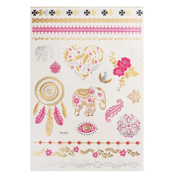S.A.V.I 3D Temporary Tattoo Golden and Silver Metallic Sticker Heart Dream Catcher Elephant Eye Rose Flower Hand Arm Design Size 21x15cm - 1pc. (13-1), Gold, 2 g