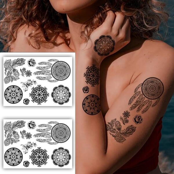 S.A.V.I 2 Sheets - Black Large Mandala Dreamcatcher Tattoo Sticker, Floral Design, 21x15 cm for Women & Girls