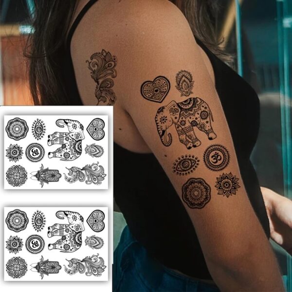 S.A.V.I 2 Sheets, Elephant & Peacock Feather Temporary Tattoo Stickers, Hamsa Mandala Om Design, 21x15 cm, for Women & Girls