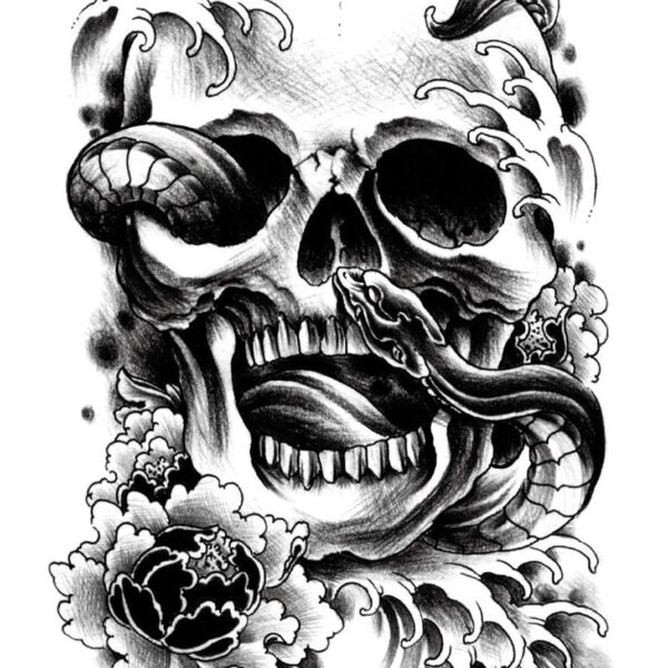 S.A.V.I Temporary Tattoo For Girls Men Women 3D Big Skull Face Snake Sticker Size 21x15CM - 1PC.