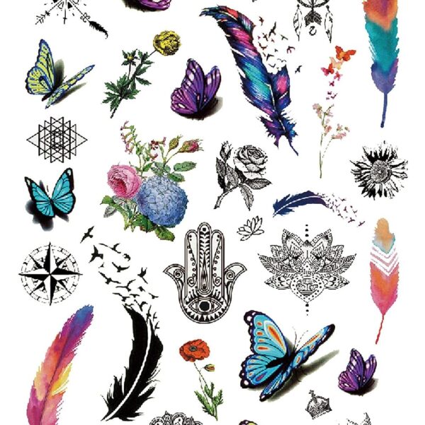 S.A.V.I 3D Temporary Tattoo Colorful Feathers Butterflies Birds Compass Totem Design Size 21x15CM - 1PC.