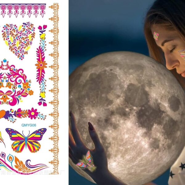 S.A.V.I Neon Temporary Tattoos, Glow UV Neon Body Face Skin Tattoo, Heart, Flowers, Butterflies, Armband, Tattoos Flash Fake Waterproof Tattoo Stickers for Women Men Girls Body Art, Size- 21x15CM