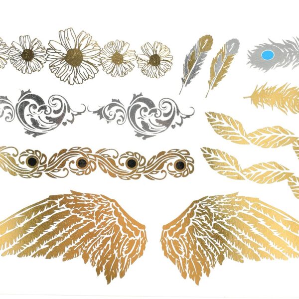 S.A.V.I 3D Temporary Tattoo Golden and Silver Metallic Sticker Wings Peacock Feathers Design Size 21x15cm - 1pc. (202), Gold, 13 g