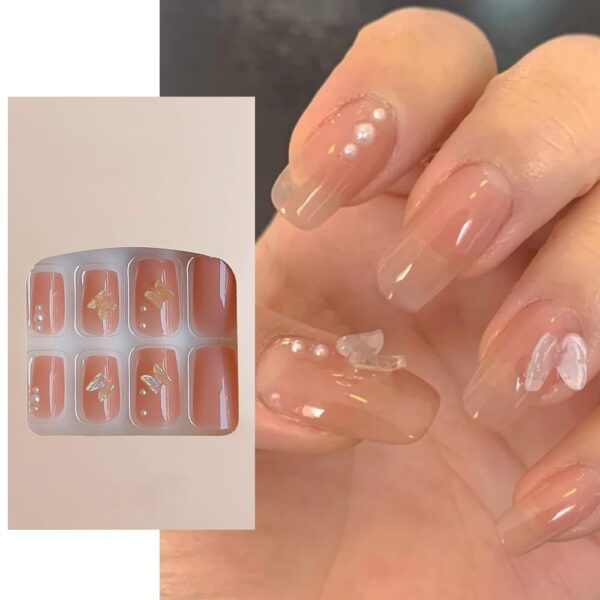 S.A.V.I 24Pc 3D Butterfly Press-On Nails - Nude Color, Manicure Fake Nails Set, Easy Application