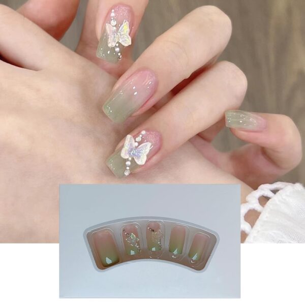 S.A.V.I 24 PCs Long Square Nude Green Ombre Press-On Nails - 3D Butterfly Decoration, Manicure Fake Nails Set