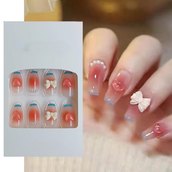 S.A.V.I 24Pcs Coffin Fake Nails - 3D Pearl Bow, Color Change, Heart Design, Medium Length Press-On Manicure Set