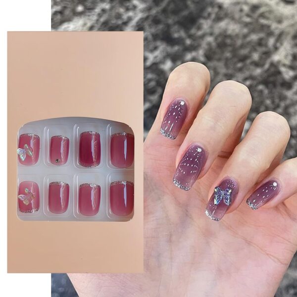 S.A.V.I 24Pcs Purple Glitter 3D Butterfly French Manicure Press-On Fake Nails