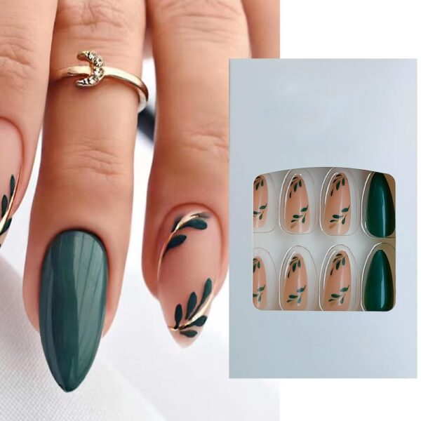 S.A.V.I 24 PCs - Nude Green Leaf Print Press-On Nails, Long Almond Shape, Manicure Fake Nails