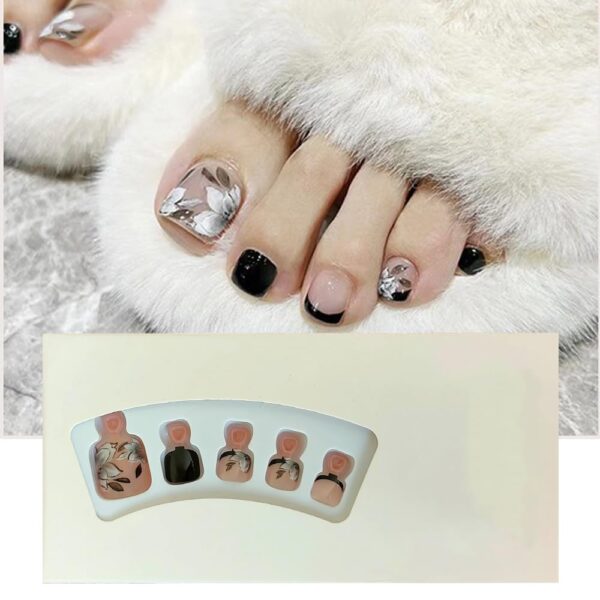 S.A.V.I 24 pcs - Nude & Black Floral Press-On Toe Nails, Easy At-Home Pedicure Kit