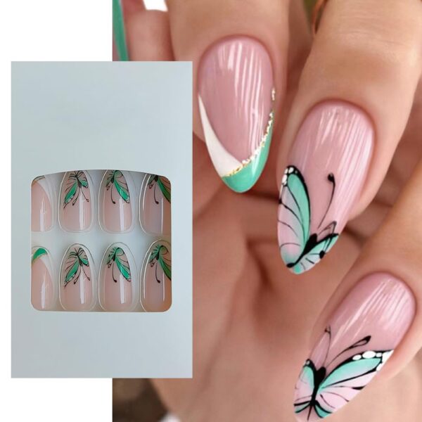 S.A.V.I 24Pc Almond-Shaped Butterfly Print Press-On Nails - Nude Green, Long, Elegant Fake Nails for Manicure