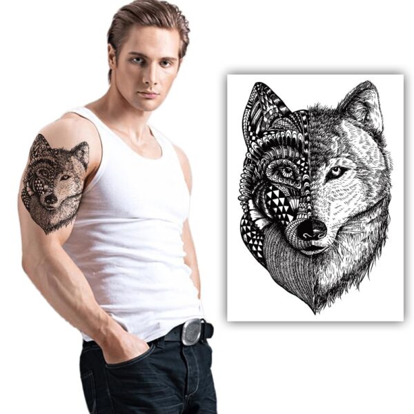 S.A.V.I Wolf Temporary Tattoo Sticker, Realistic Fur, Waterproof, Lifelike, Long-Lasting, Unisex- 21x15cm