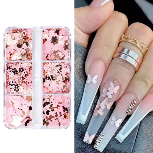 S.A.V.I Nail Art Sequins - Pink & Gold, Ultra-Thin, Butterfly, Heart & Flower Designs
