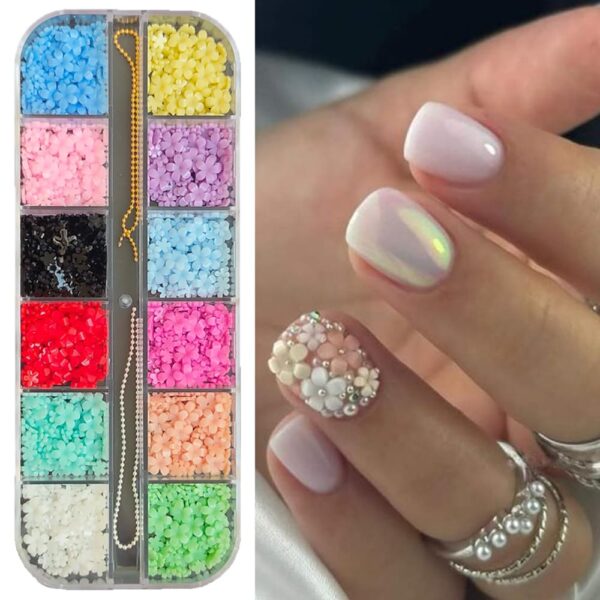 S.A.V.I Nail Art 3D Flowers - Multicolor Five-Petal Decorations, 12 Section Box, 2 Sizes