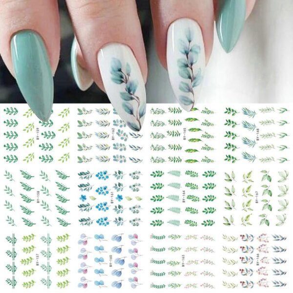 S.A.V.I Floral Nail Decals - 12 Green Plant Designs, Water Transfer Nail Art Stickers