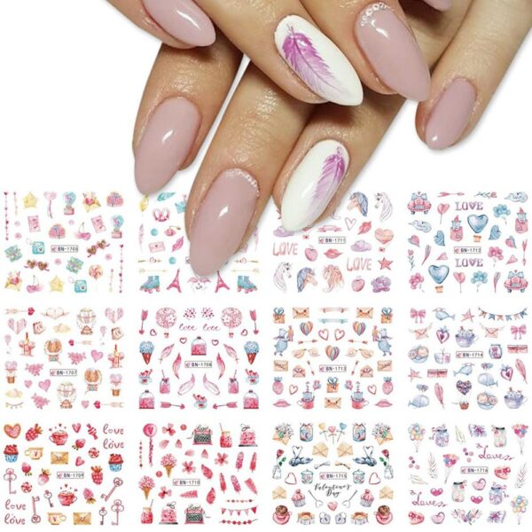 S.A.V.I Valentine's Day Nail Stickers – 12 Love & Feather Designs, Water Decal Nail Art Decoration