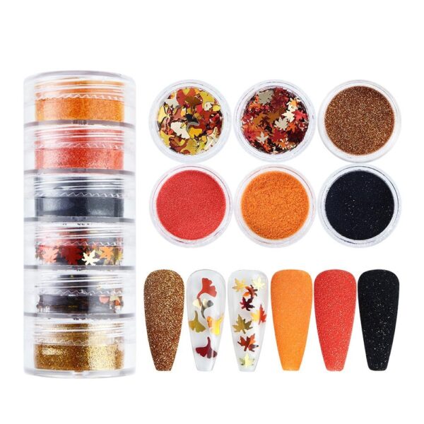 S.A.V.I Nail Art Glitter Set – 6 Jars Maple Leaf & Ginkgo Flower Sequins, Fine Shiny Nail Decoration