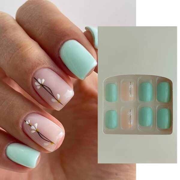 S.A.V.I 24Pc Mint & Nude Floral Short Square Press-On Nails - Adhesive Tabs & Glue Included