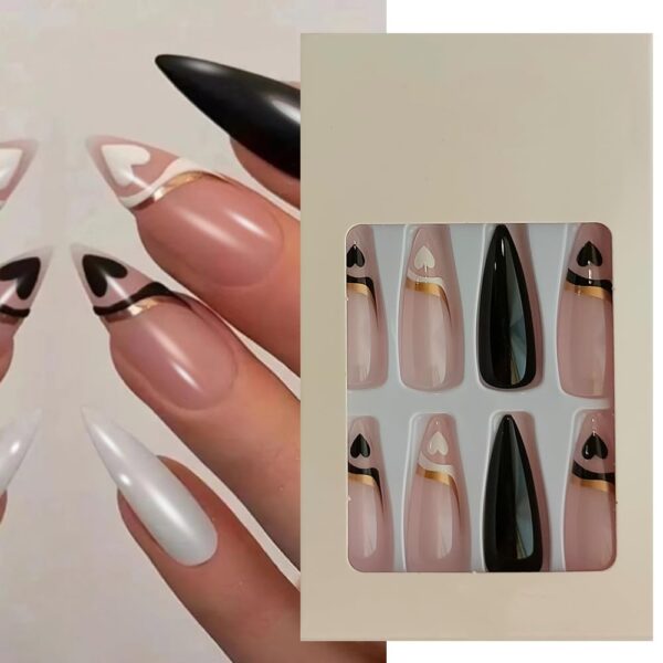 S.A.V.I 24-Piece Heart Print Stiletto Fake Nails - Long, Press-On Manicure with Glue & Adhesive Tabs, Stylish & Durable