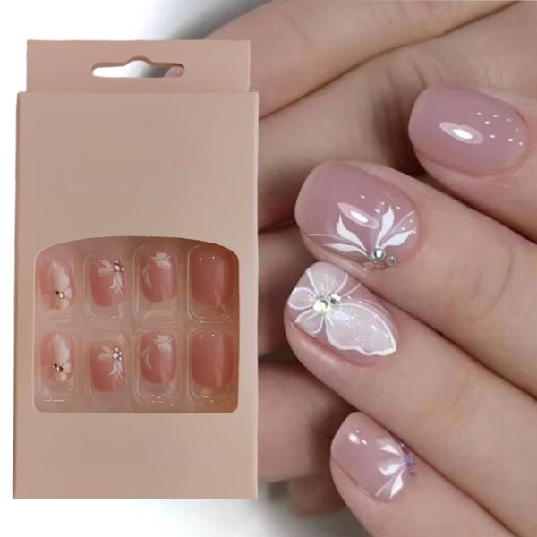 S.A.V.I Nude Butterfly 3D Crystal Diamond Press-On Nails - Medium Square, 24 PCs with Glue