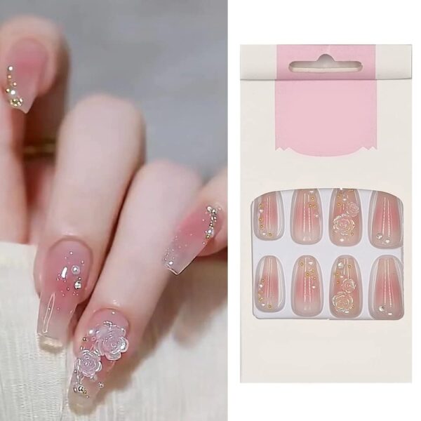 S.A.V.I Get Beautiful Nails with 24 PCs Aurora 3D Camellia Rose Flower Changing Color Easy Ready to Use DIY Fake False Nails - Long-Lasting, Non-Toxic, Quick Application, Multiple Sizes
