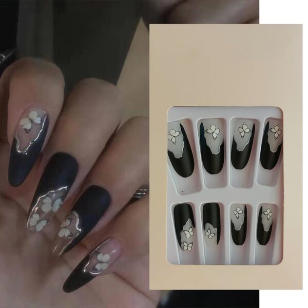 S.A.V.I 24 PCs Butterfly Print Fake Nails, Black Long Round, Press-On with Adhesive Tabs, No Glue Included